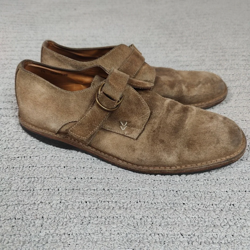 John Varvatos Monk Strap Loafers Mens 11.5 Tan Suede Shoes Made in Italy‎